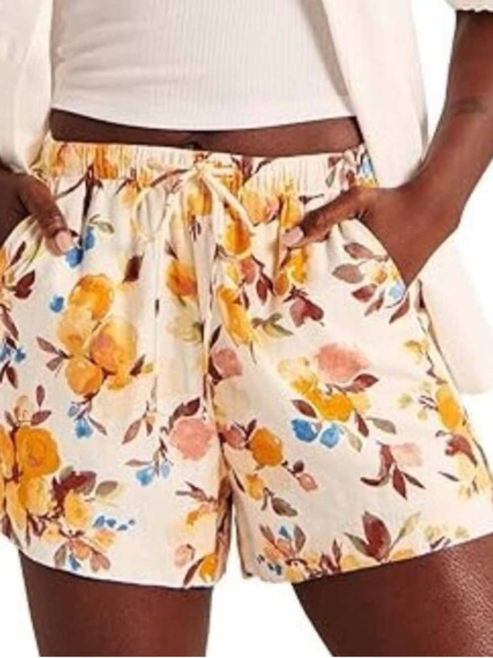 Abercrombie & Fitch Cream Floral Drawstring Shorts with Yellow Accents